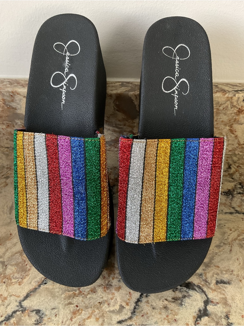 Jessica Simpson Rainbow Glitter Stripe Slide Sandals New size 9